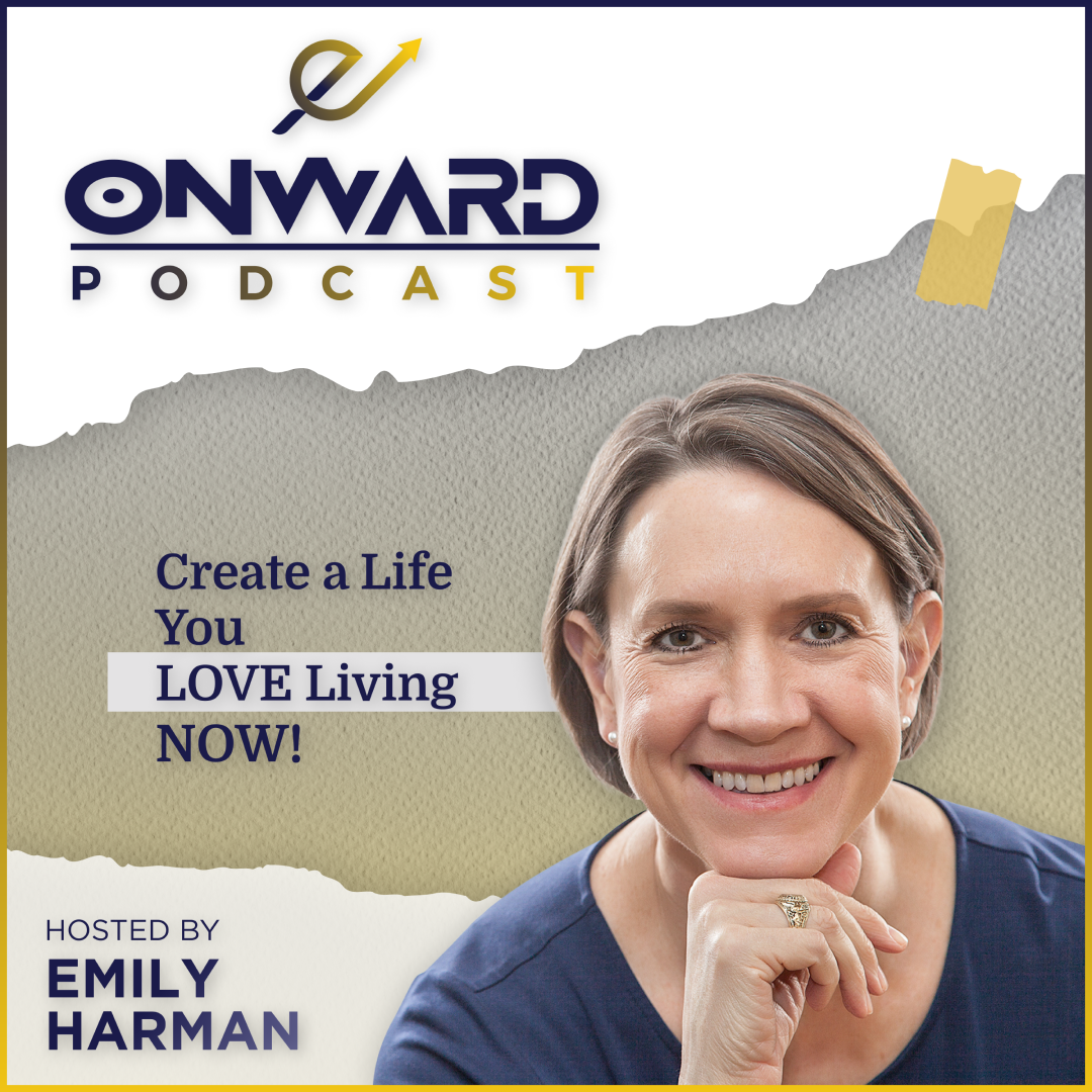 Onwardd Podcast logo and photo of host Emily Harman