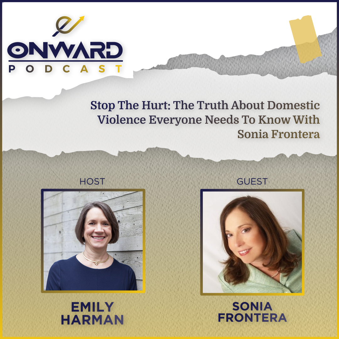 Onward Podcast Logo and photo of host and guest