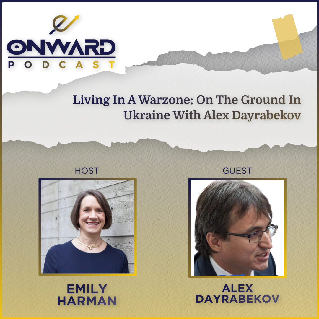 Onward Podcast logo and photo of host and guest