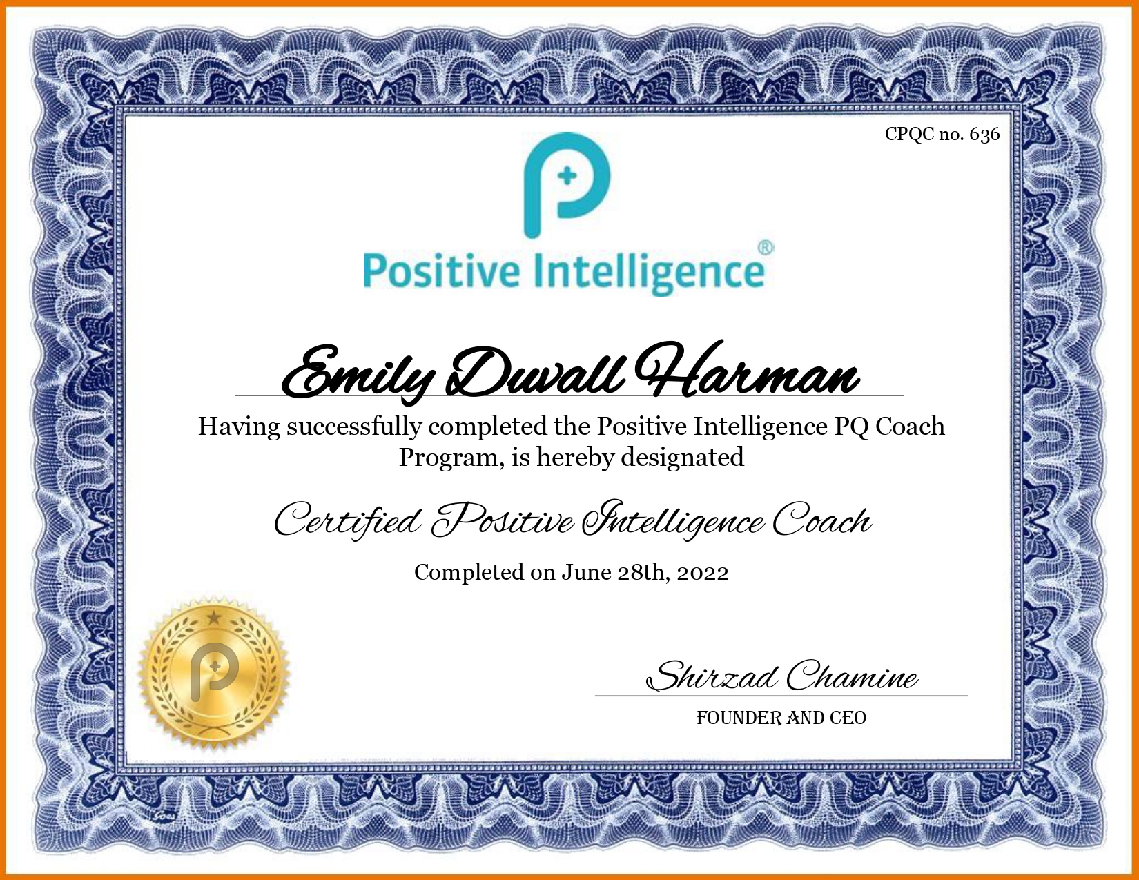 Emily Duvall Harman Certificate